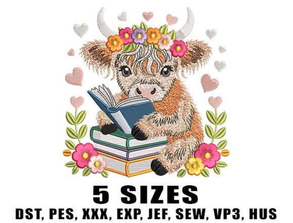 Floral Books Cow Embroidery Design: A Quirky, Eye-Catching Craft Fair Favorite